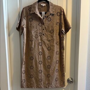 *NEW* LOFT Outlet Tan Eyelet Shirt Dress Size 8